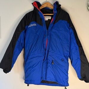 Vintage Columbia Jacket Mens Medium Blue Black Hooded Fleece Lined Winter Coat